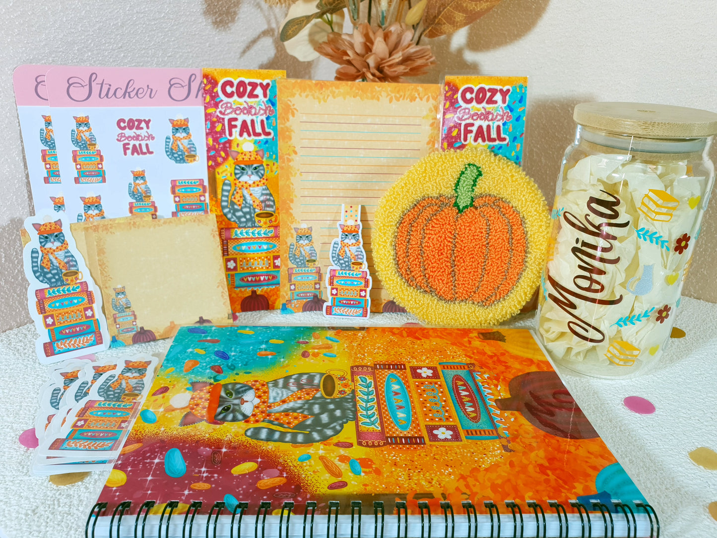 Bookish Cat in the Cozy Fall Stationary + Cup and Mug Rug Bundle