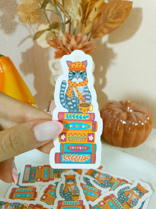 Bookish Cat in the Cozy Fall Vinyl Sticker
