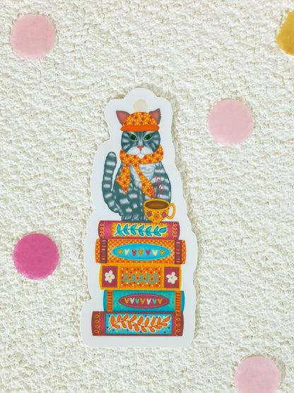 Bookish Cat in the Cozy Fall Vinyl Sticker