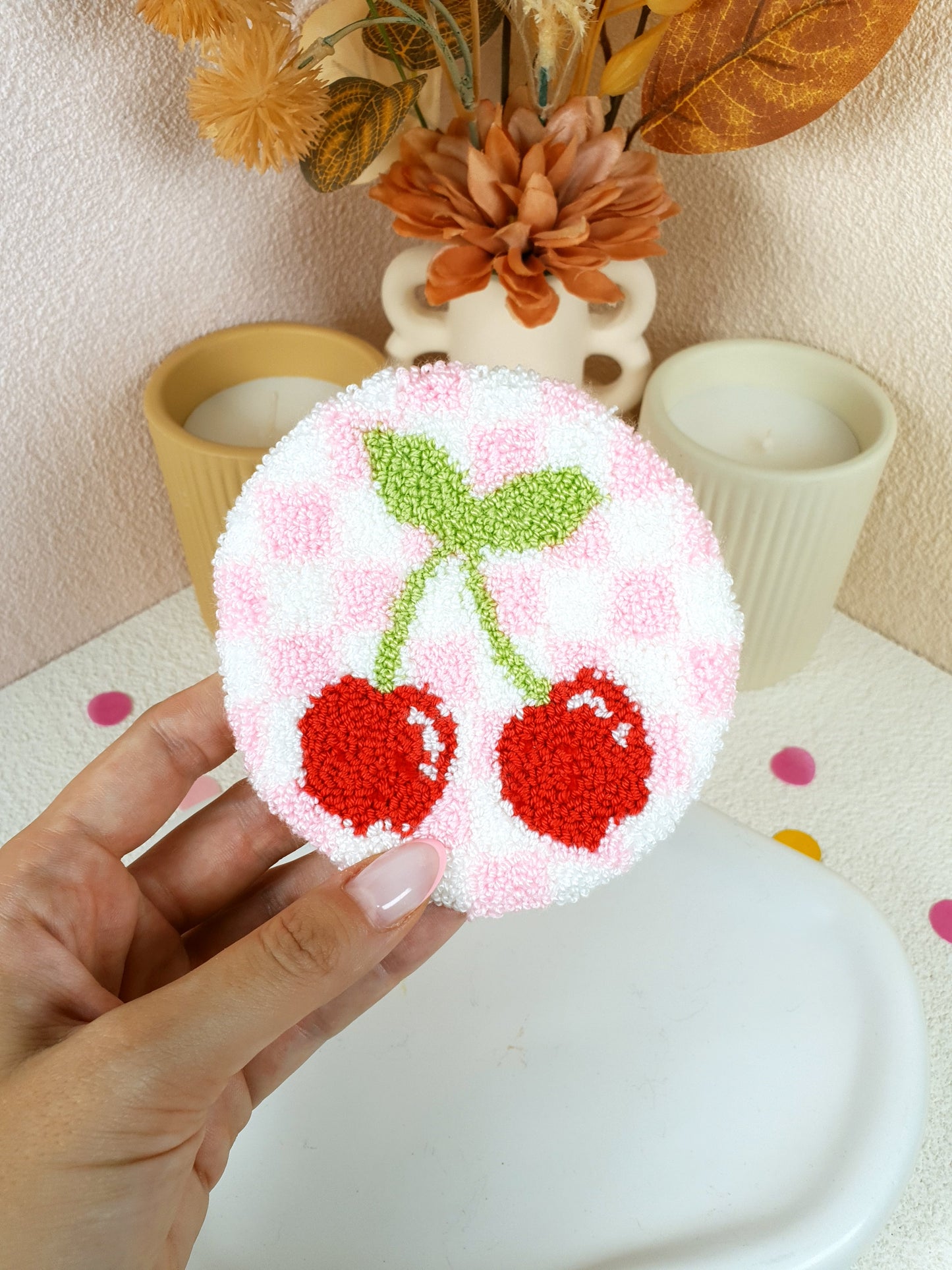 Checkered Cherry Mug Rug
